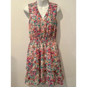 Sam Edelman Multicolor Floral Dress Pink Teal Ruched Waist Tiered Skirt Sz S EUC